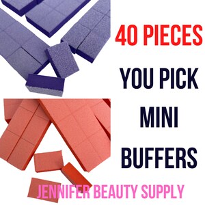 May include: An assortment of mini nail buffers in shades of purple and coral. The image includes text that reads "40 PIECES YOU PICK MINI BUFFERS JENNIFER BEAUTY SUPPLY". These buffers are designed for nail care.