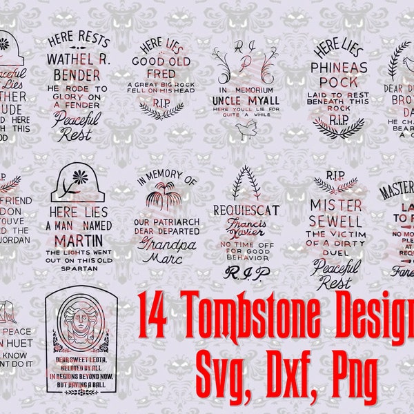Haunted Mansion Inspirado 14 Tombstone Bundle SVG, DXF, PNG
