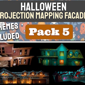 May include: Four Halloween projection mapping facade designs, each with a different theme. The designs include a spooky house with glowing windows, a creepy green house with vines, a stone house with candles, and a haunted house with a spider web.