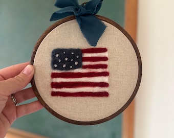 Felted American Flag Embroidery Hoop – Vintage Nursery Wall Art