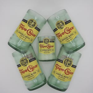 Topo Chico Drinking Glasses Set of 4 plus FREE Mini Soy Candle, 16.9oz glass Bottle, Gift for Him, Ecofriendly, Mint Mojito Scenf, Upcycled