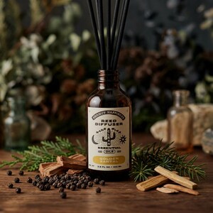 Golden Santal Reed Diffuser, Earthy Wood Aroma, Essential Oils, 3.5oz, Apothecary Bottle