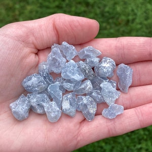 May include: A collection of small, light blue celestite crystals in various shapes and sizes. The crystals are translucent and have a slightly cloudy appearance.