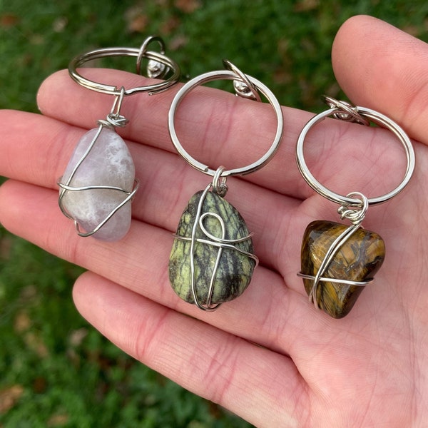 Crystal Keychains, Chevron Amethyst, Serpentine, Tigers Eye, Handmade Wire Wrapped Pendant, Tumbled Healing Stone