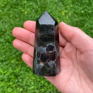 Garnet & Staurolite on Schist Tower, Rare Red Black Stone, Carved Polished Obelisk Point, Healing Crystals