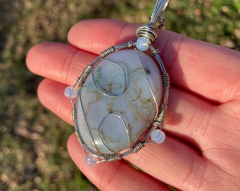Moss Agate & Opalite Pendant, Wire Wrap Necklace, Handmade Jewelry, Natural Stone Accessories, Green Blue Healing Crystals