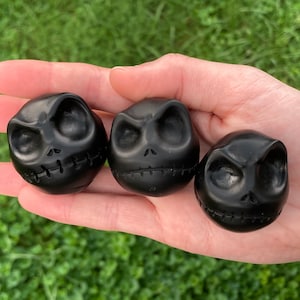 Skull Carving, Black Obsidian Stone, Jack Skellington Head, Spooky Halloween Crystals, You Choose