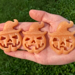 Witch Pumpkin Carving, Orange Calcite Jack o Lantern w Hat, Spooky Halloween Crystals