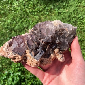 May include: A cluster of purple fluorite crystals with a rough, natural texture. The crystals are arranged in a random pattern and have a deep purple color. The fluorite is set against a background of brown and white rock.