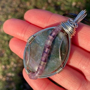 Moss Agate & Amethyst Pendant, Wire Wrap Necklace, Handmade Jewelry, Natural Stone Accessories, Green Purple Healing Crystals