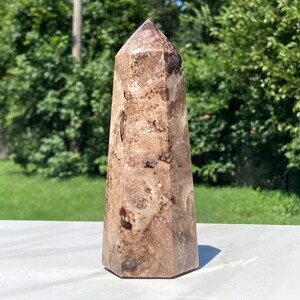 May include: A brown and white crystal point with a pointed tip. The crystal is smooth and polished, with a natural, organic look.
