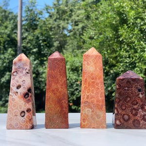 May include: Four polished coral stone obelisk towers in various shades of pink, orange, and red. The towers are arranged in a row on a white surface.