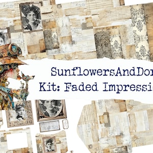 Puede incluir: Un collage de efímeras vintage con retratos, papel envejecido y patrones de damasco. Se muestra el texto "SunflowersAndDors! Kit: Faded Impressions". La imagen presenta una ilustración de estilo steampunk con un girasol y un ciervo.
