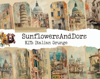 Könnte beinhalten: Eine digitale Collage aus Vintage-Bildern italienischer Architektur, darunter der Schiefe Turm von Pisa, eine Kirche mit einer Kuppel und enge Gassen. Die Collage trägt den Titel "SunflowersAndDors KIT: Italian Grunge".