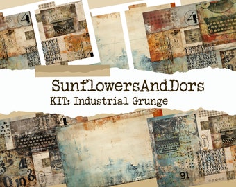 Könnte beinhalten: Eine digitale Collage aus Vintage-Texturen und Typografie in Braun-, Blau- und Rottönen. Die Collage zeigt eine Schreibmaschine, Zahlen und den Text "SunflowersAndDors KIT: Industrial Grunge".