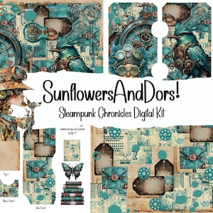 May include: Digital kit titled "Steampunk Chronicles" by SunflowersAndDors. The design features a steampunk theme with teal and brown tones, including clocks, gears, and a woman with goggles. Includes tags, pockets, and a butterfly.