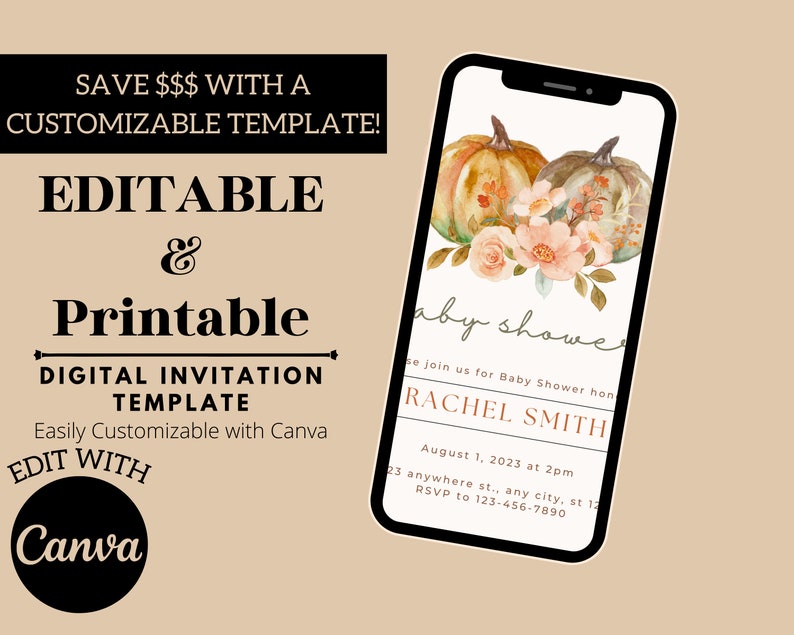 Customizable Pumpkin Baby Shower Invitation Template Digital or ...