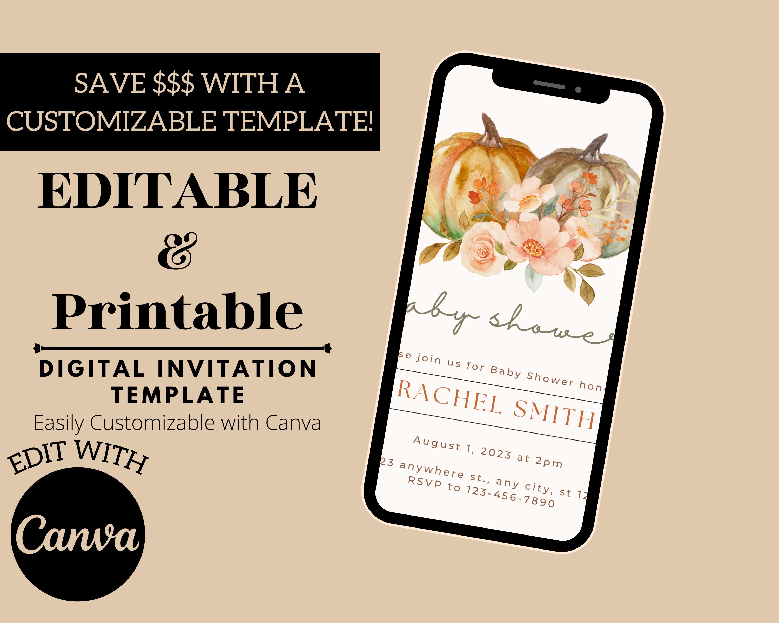 Customizable Pumpkin Baby Shower Invitation Template Digital or ...