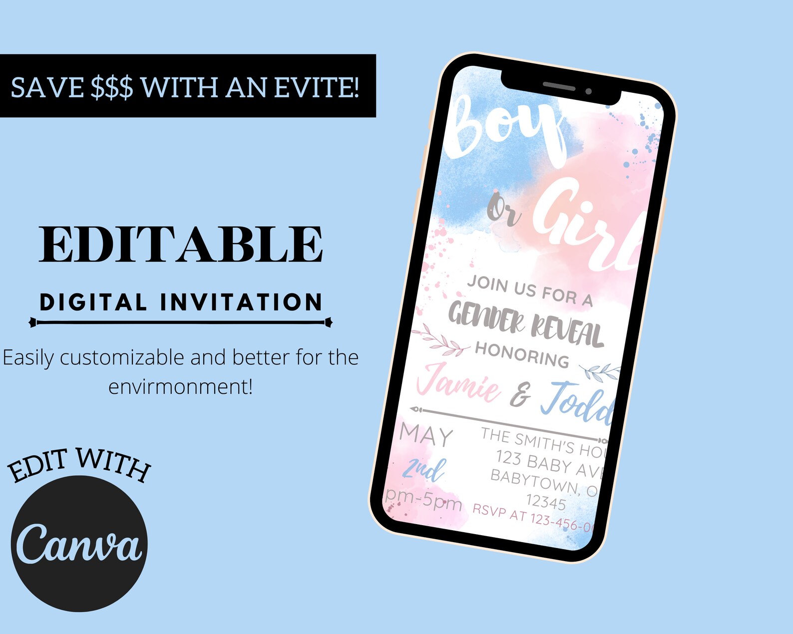 Customizable Invitation Template - Gender Reveal Party Invitation ...