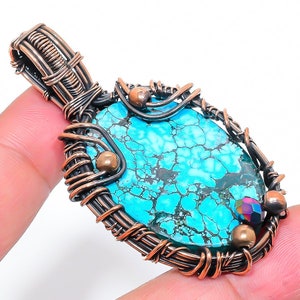 Natural Tibetan Turquoise   Gemstone Copper Wire Pendant, Oval Shape Pendant, Flat Back Cabochon Copper Wire Pendant Gift For Women Pendant