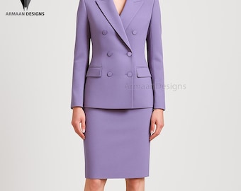 パープルのダブルブレストスーツ：女性用オフィスジャケットとズボン