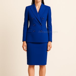 Blauw pak dames rok met dubbele rij knopen, blauw pak dames, klassieke blauwe blazer, double-breasted aangepaste blazer, set rokkostuum, blauw pak.