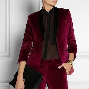 Women Velvet Luxury 2 Piece Suit in Red color With Slim Fit Trouser Included Black Satin Lapel tuxedo Collar.