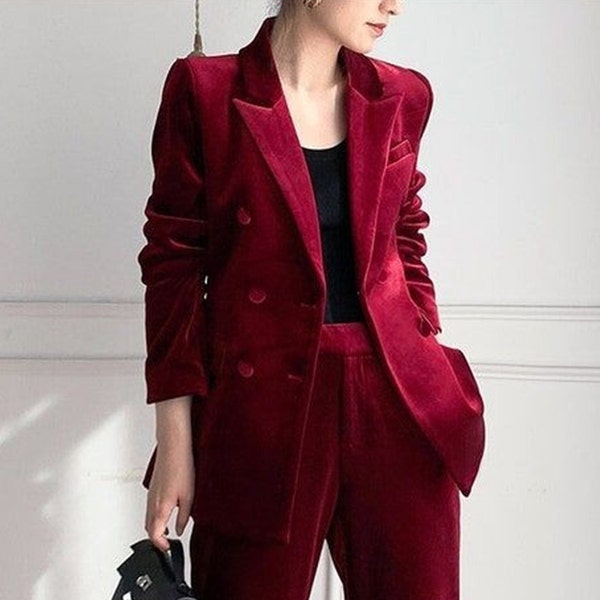 Red Velvet suit for women/two piece suit/top/Womens suit/Womens Suit Set/Wedding Suit/ Women’s Coats Suit Set.
