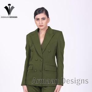 Women Olive Green Two Piece Suit Flurry Wide Leg & Bell Bottom Pants, Double Breasted Blazer for Stylish Outfits, flared pant suit..