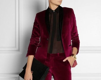 Women Velvet Luxury 2 Piece Suit in Red color With Slim Fit Trouser Included Black Satin Lapel tuxedo Collar.