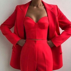 Women Three Piece With Bustier  /two piece suit/top/Womens suit/Womens Suit Set/Wedding Suit/ Women’s Coats Suit Set.