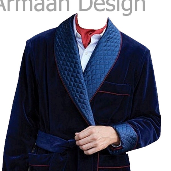 Mens Quilted Smoking Jacket In Royale Blue Colour
