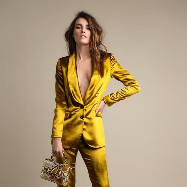 Women Two Piece Suit In Mustard Gold Colour For Party And Prom.