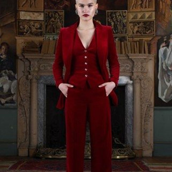 Women Velvet 3 Piece Suit In Red Color For Party And Prom.