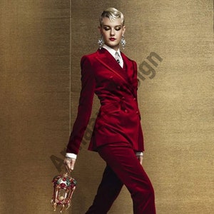 Women Red Velvet Designer Personalized Tailored Double Breasted 2Pc Suit.