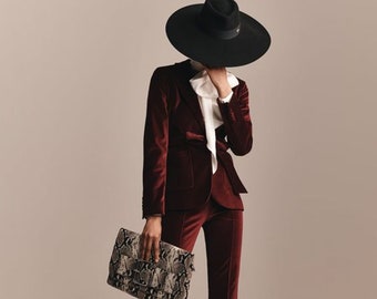 Women 2 Piece Suit In Burgundy Color With Velvet.