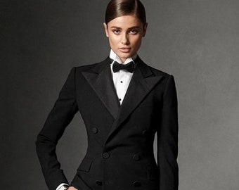 Womens Black 2pc Tuxedo Suit Custom Made Double Breasted Satin Lapel./two piece suit/top/Womens suit/Womens Suit Set/Wedding Suit.