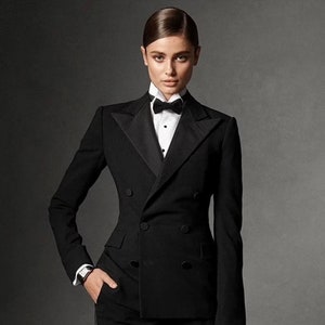 Womens Black 2pc Tuxedo Suit Custom Made Double Breasted Satin 