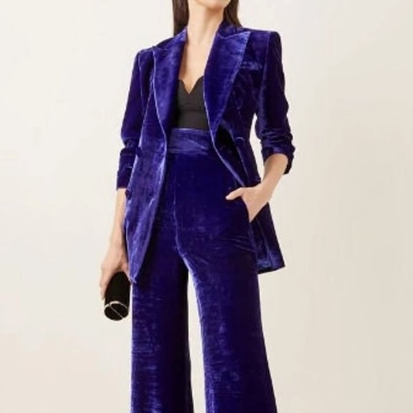 Women Double Breasted Violet Velvet Luxury Suit With Belt Custom Made Two Piece Coat With Wide Leg Trouser