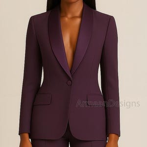 Women&#39;s Dark Purple Tuxedo Suit With Satin Lapel - Elegant Purple Pantsuit, Women Wedding Suit, Formal Purple Suit, Custom Business Suit.