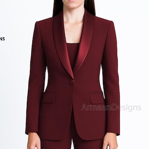 Women Maroon Satin Lapel Suit, Blazer with Flurry Pantsuit, Classic Maroon Pantsuit, Two Piece Formal Suit, Maroon Custom Dinner Suit.