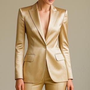 Women’s Beige Satin Two Piece Suit, Beige Prom Suit, Narrow Pantsuit, Luxury Satin Pantsuit, Brides Wedding Suit, Office Suit, Custom Suit.