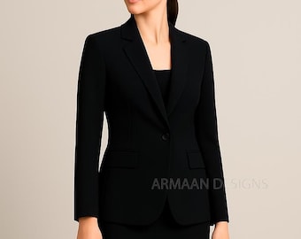 Zwart tweedelig rokkostuum, elegante outfit voor kantoorbruiloft