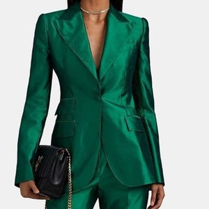 Women Green Satin 2Pc Single Breasted Suit Business Formal Wear/two piece suit/top/Womens suit/Wedding Suit/ Women’s Coats Suit Set.