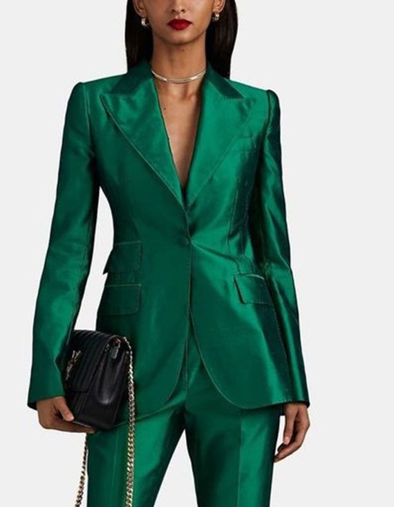 Women Green Satin 2pc Single Breasted Suit Business Formal Wear/two Piece  Suit/top/womens Suit/wedding Suit/ Womens Coats Suit Set. 