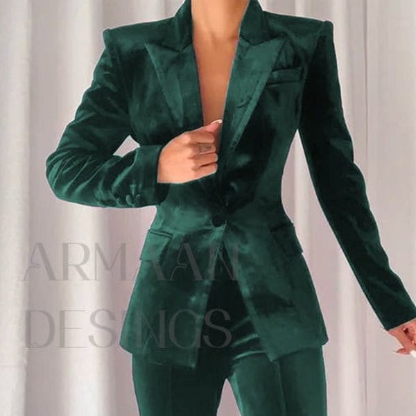 Green Velvet Suit for Women, Two Piece Set, Chic Formal Wear, Trendy Ensemble.