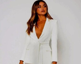 Women Custom Made White Designer Formal 2 Piece Suit With Belt And Wide Leg Pant In Premium Cotton.