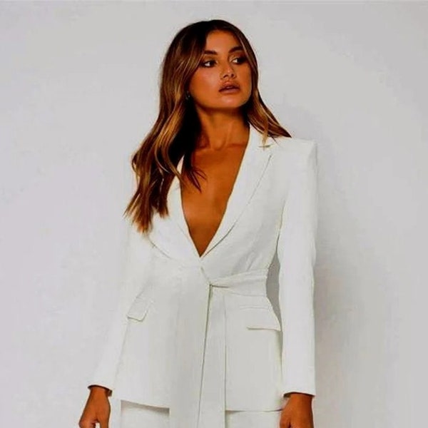 Women Custom Made White Designer Formal 2 Piece Suit With Belt And Wide Leg Pant In Premium Cotton.