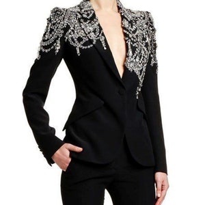 Women Black Cotton Designer Custom Made Heavy Stone Embellished Single Breasted Blazer 2Pc Suit Single Breasted Blazer