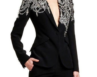 Women Black Cotton Designer Custom Made Heavy Stone Embellished Single Breasted Blazer 2Pc Suit Single Breasted Blazer